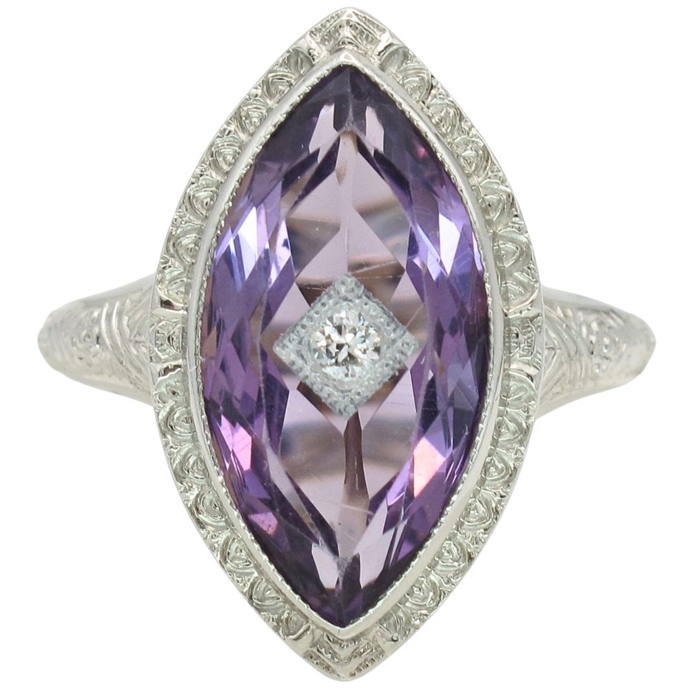 4.62ctw Marquise Amethyst Art Deco Ring 18K White Gold