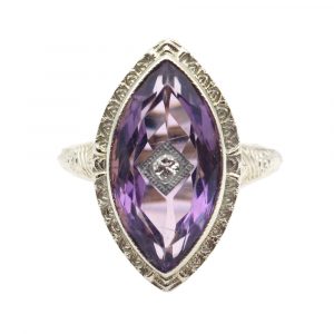 Art Deco Navette Amethyst Diamond Ring