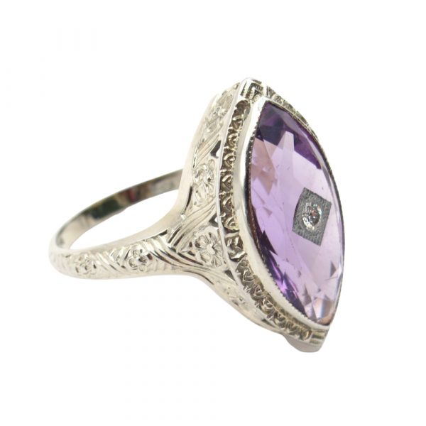 Art Deco Navette Amethyst Diamond Ring Profile