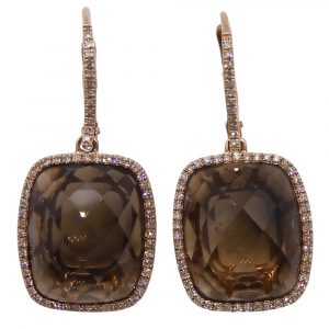 Checkerboard Smoky Quartz & Diamond Halo Dangle Earrings 13.35ctw 14k Rose Gold Front