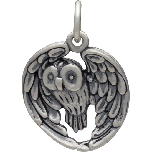 Detailed Owl in Flight Charm, Sterling Silver