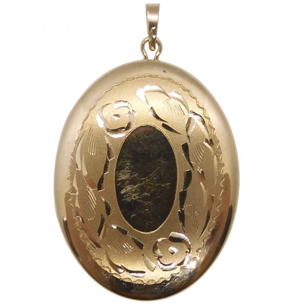 Floral Etched Oval Locket Pendant 14k Yellow Gold Front