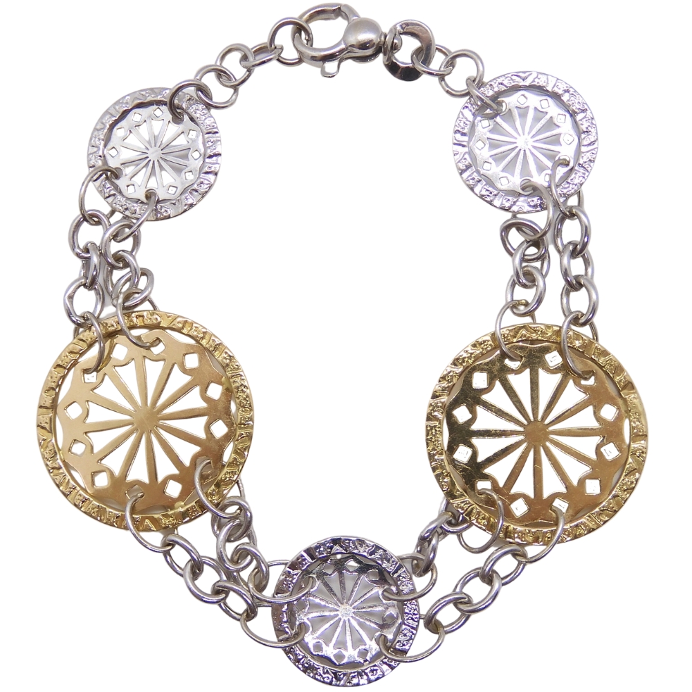 Geometric Stationed Round Disk Bracelet Two-Tone 14k Yellow & White Gold