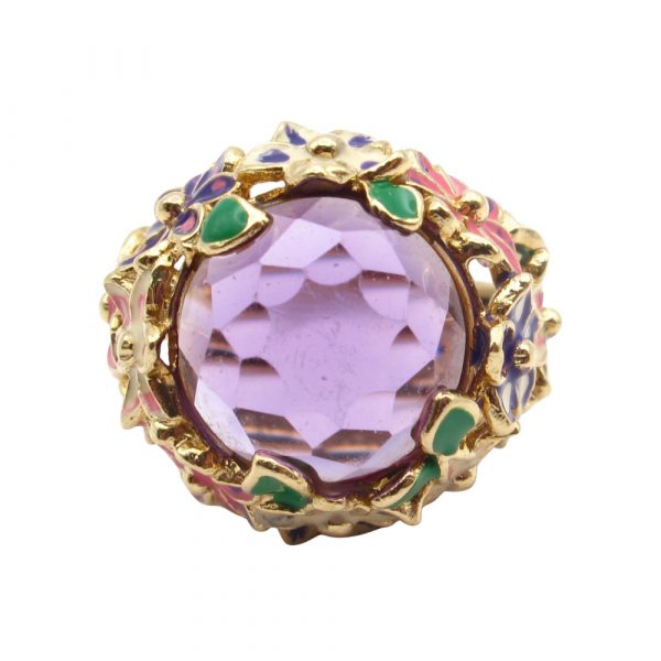 Honeycomb Amethyst Ring with Enamel Floral Details Gold