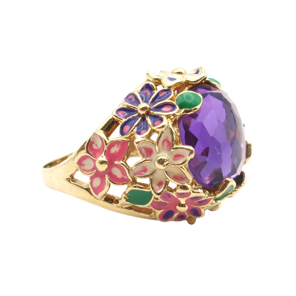 Honeycomb Amethyst Ring with Floral Enamel Details 14k Yellow Gold