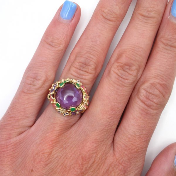 Honeycomb Amethyst Ring with Enamel Floral Details Gold Worn