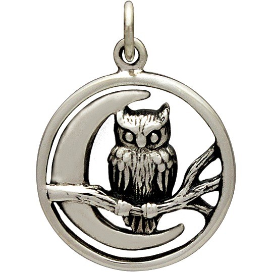 Owl on Branch with Moon Charm