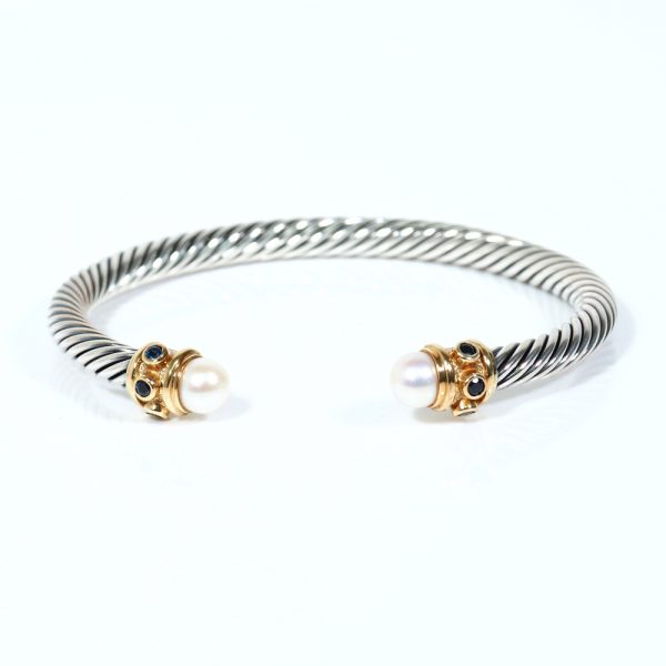 David Yurman Pearl & Sapphire 14k & Sterling 5mm Cable Bracelet