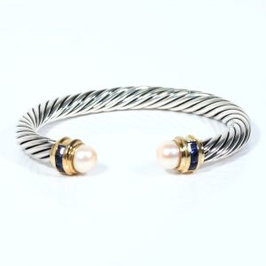 David Yurman Pearl & Sapphire 14k & Sterling 7mm Cable Bracelet