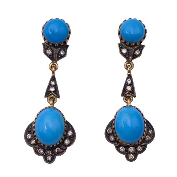 Turquoise Diamond Gold and Sterling Earrings