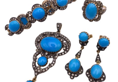 Turquoise Diamond Gold and Sterling Jewelry Set