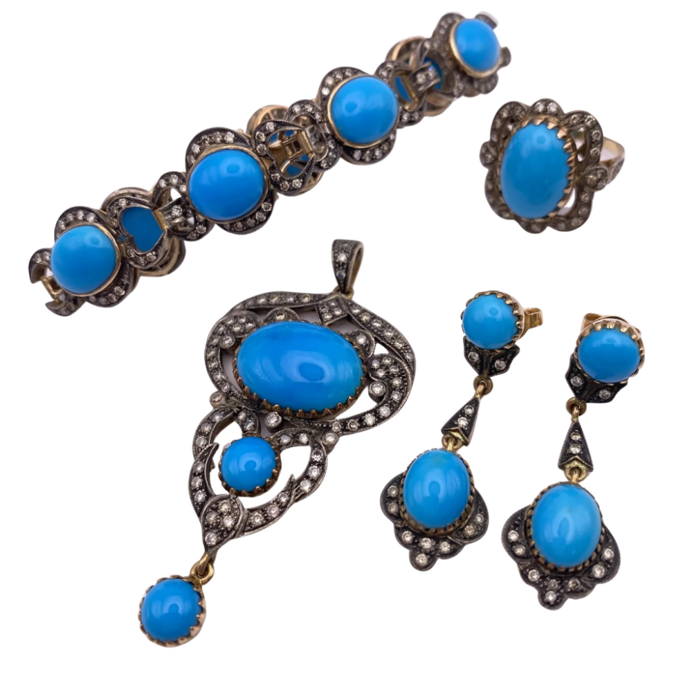 Victorian Revival Turquoise and Diamond Set, 18k & Sterling Silver
