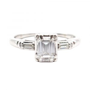 Vintage Emerald Baguette Diamond Engagement Ring White Gold