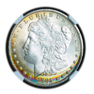 1885-O Morgan Silver Dollar MS65 NGC Crescent Rainbow Toned