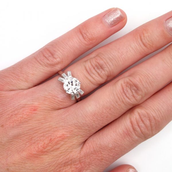 Art Deco 2 Carat Diamond Baguette Platinum Engagement Ring Worn