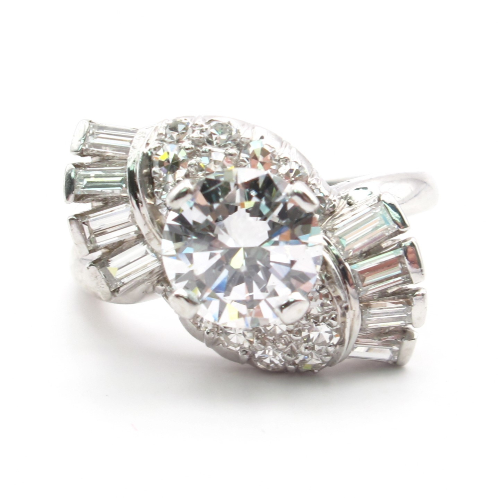 Mid Century 1950’s Diamond Engagement Ring 2.10 ctw Platinum GIA Certified