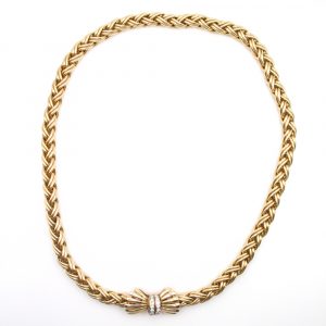 Vintage 14k Gold Wheat Necklace with Diamond Bow Clasp