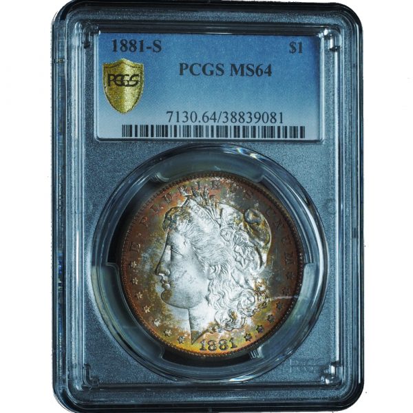 1881-S Morgan Silver Dollar MS64 PCGS Tangerine Rainbow Toned