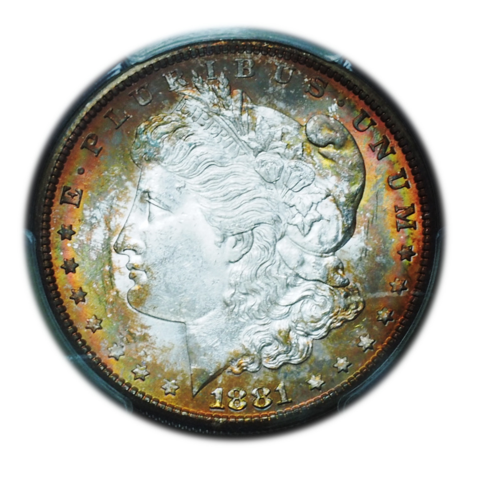 1881-S Morgan Silver Dollar MS64 PCGS Tangerine Rainbow Toned