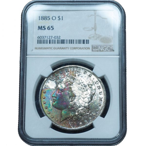 1885-O Morgan Dollar MS65 NGC Vivid Rainbow Toned