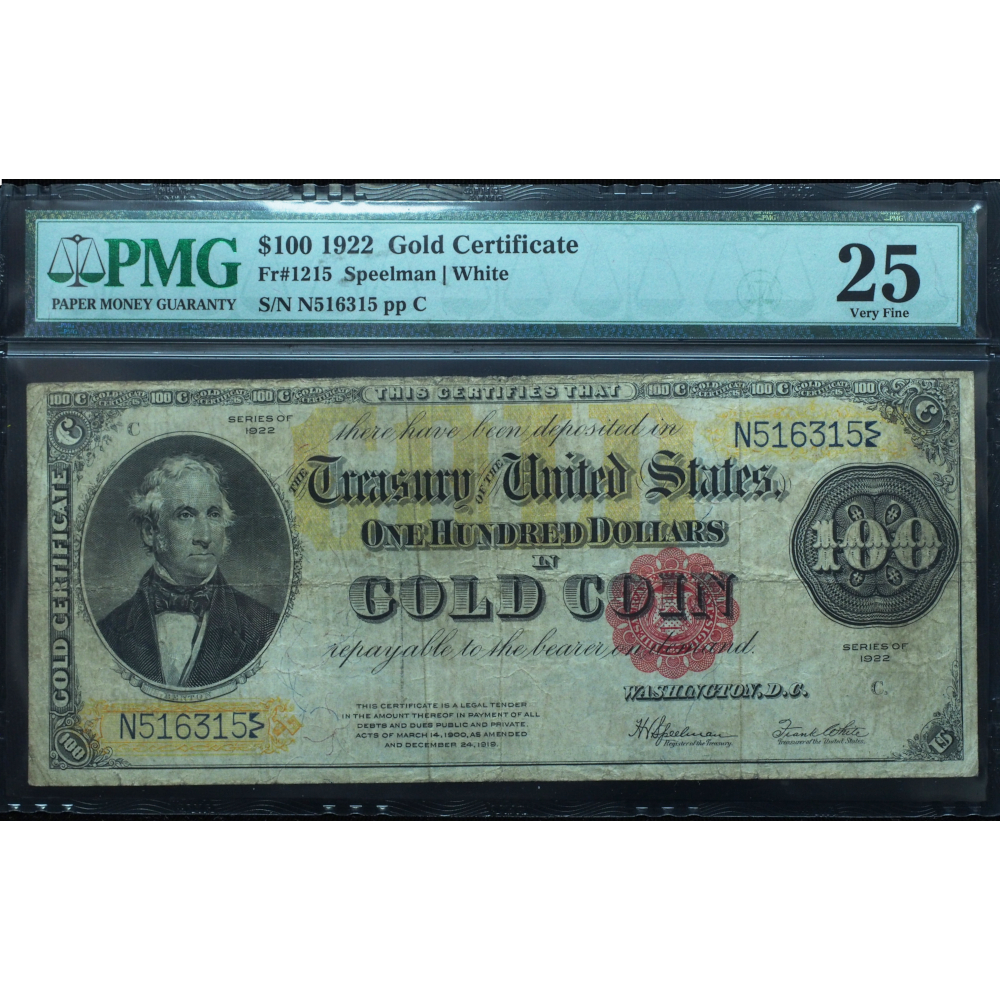 1922 $100 Gold Certificate PMG 25 Very Fine
