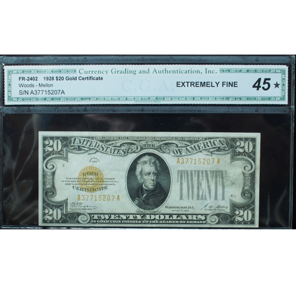 1928 $20 Gold Certificate FR# 2402 CGA 45 Extra Fine
