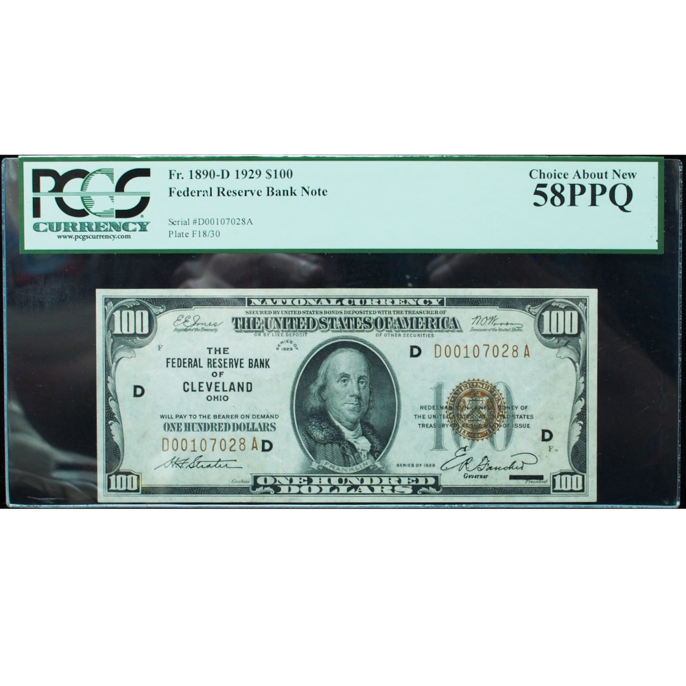 1929 $100 Federal Reserve Bank Note FR# 1890-D PCGS 58 PPQ Choice About New