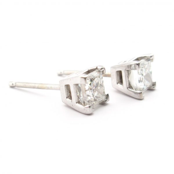 Princess Diamond Stud Earrings .85ctw White Gold Side