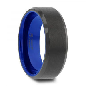 RIGEL Flat Beveled Edges Black Tungsten Ring with blue in the band