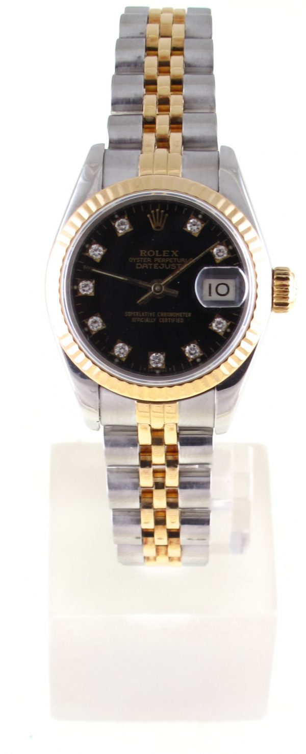 Pre-Owned Ladies Rolex Datejust (1988) Two Tone Black Diamond Dial Model 69173 Front