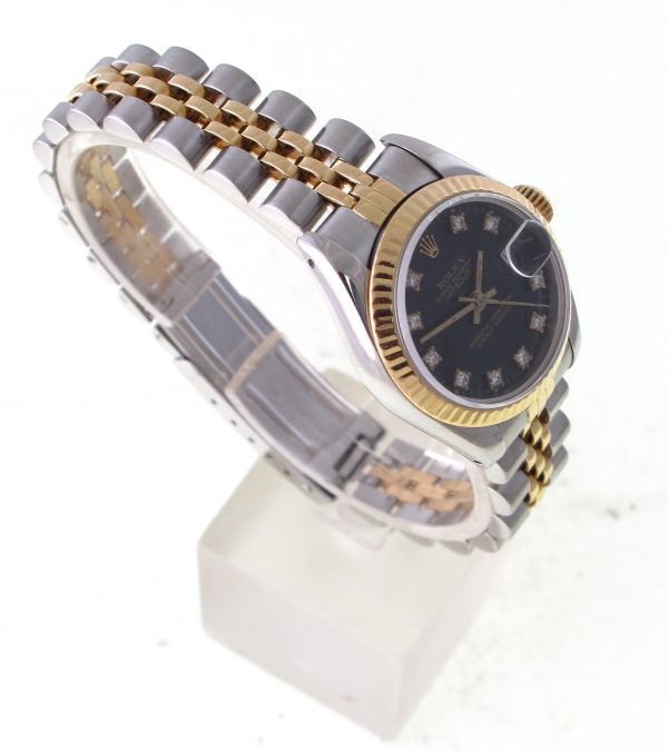 Pre-Owned Ladies Rolex Datejust (1988) Two Tone Black Diamond Dial Model 69173 Right