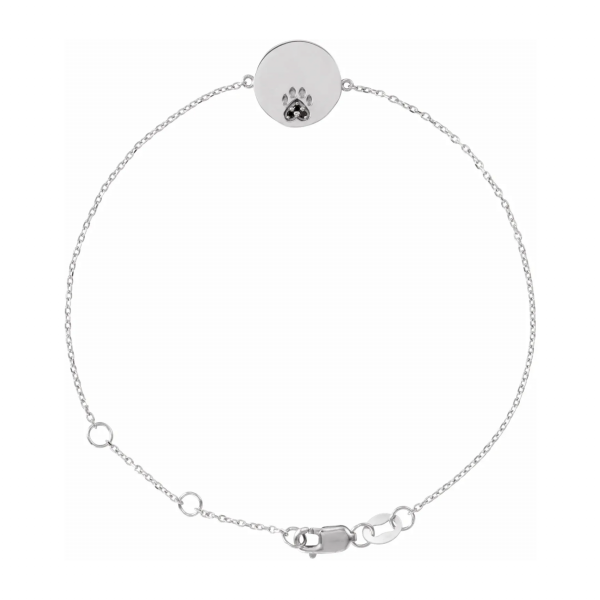 White Gold with Black Spinel Engravable Paw Print Bracelet
