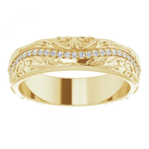 Yellow Gold Diamond Wave Band with Vine Detail Top