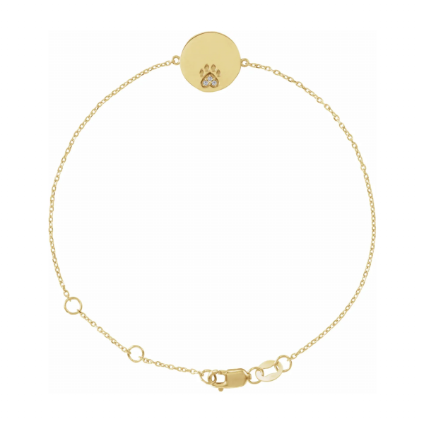 Yellow Gold with White Sapphire Engravable Paw Print Bracelet