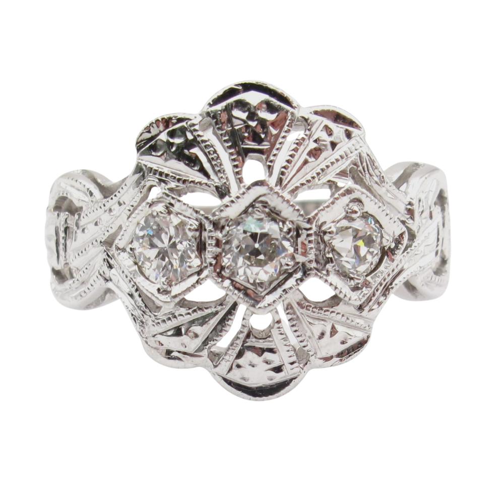 1920’s Art Deco Floral Top Diamond Ring .18ctw 14k White Gold