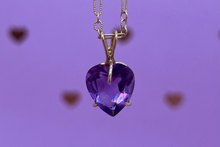 February Birthstone Amethyst heart pendant on gold chain