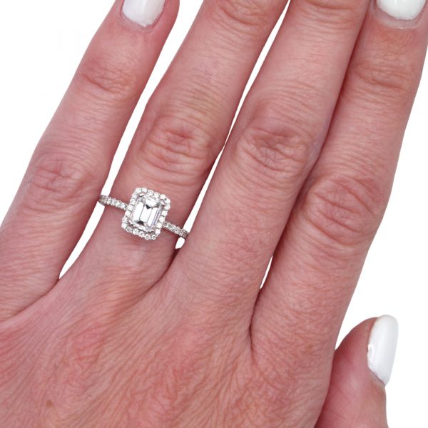 1 Carat Emerald Diamond Halo Engagement Ring Worn