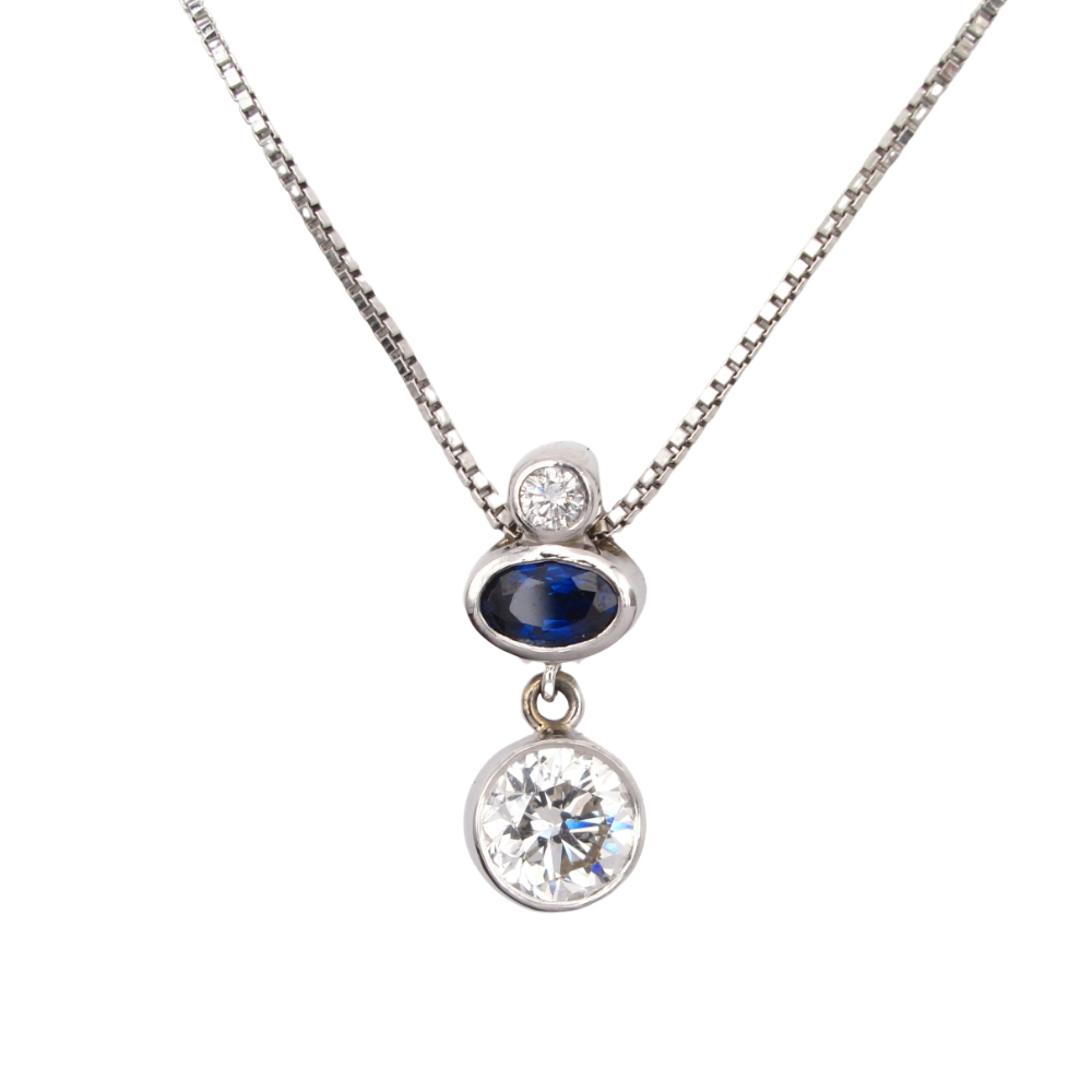 Diamond & Sapphire Solitaire Pendant Necklace 1.36 ctw 14k White Gold