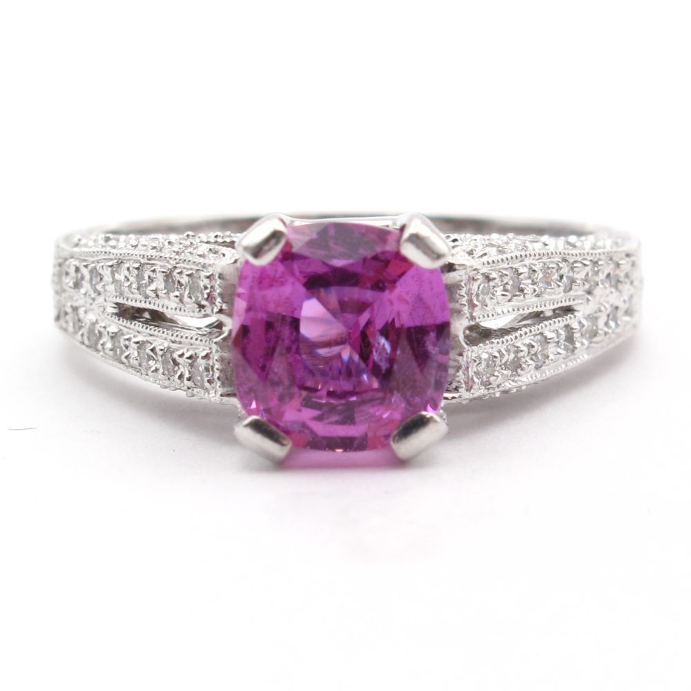 Natural Pink Sapphire and Diamond Engagement Ring 1.94 ctw 18k White Gold