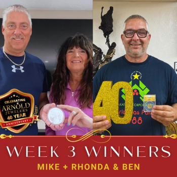 Mike Rhonda and Ben win coins in the Arnold Jewelers 40th Anniversary giveaway