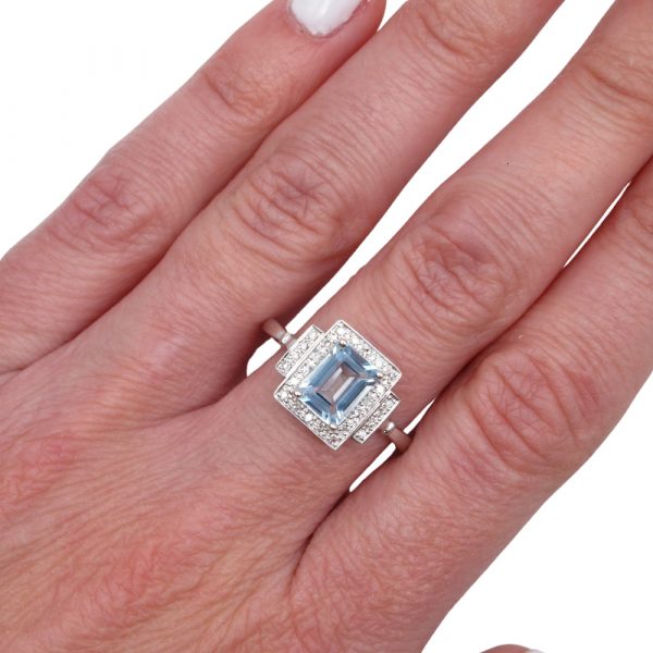 Aquamarine Halo Diamond White Gold Ring Worn