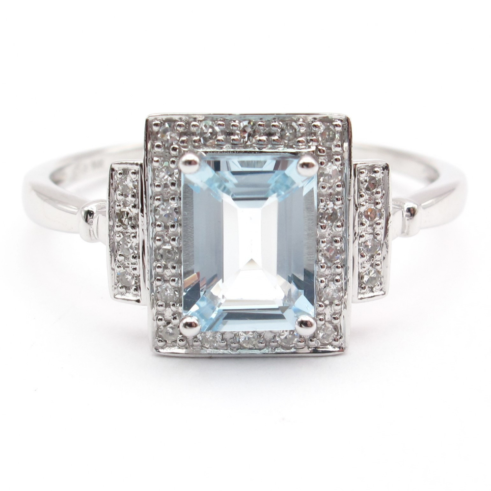 Aquamarine Diamond Halo Ring 1.48 ctw 14k White Gold