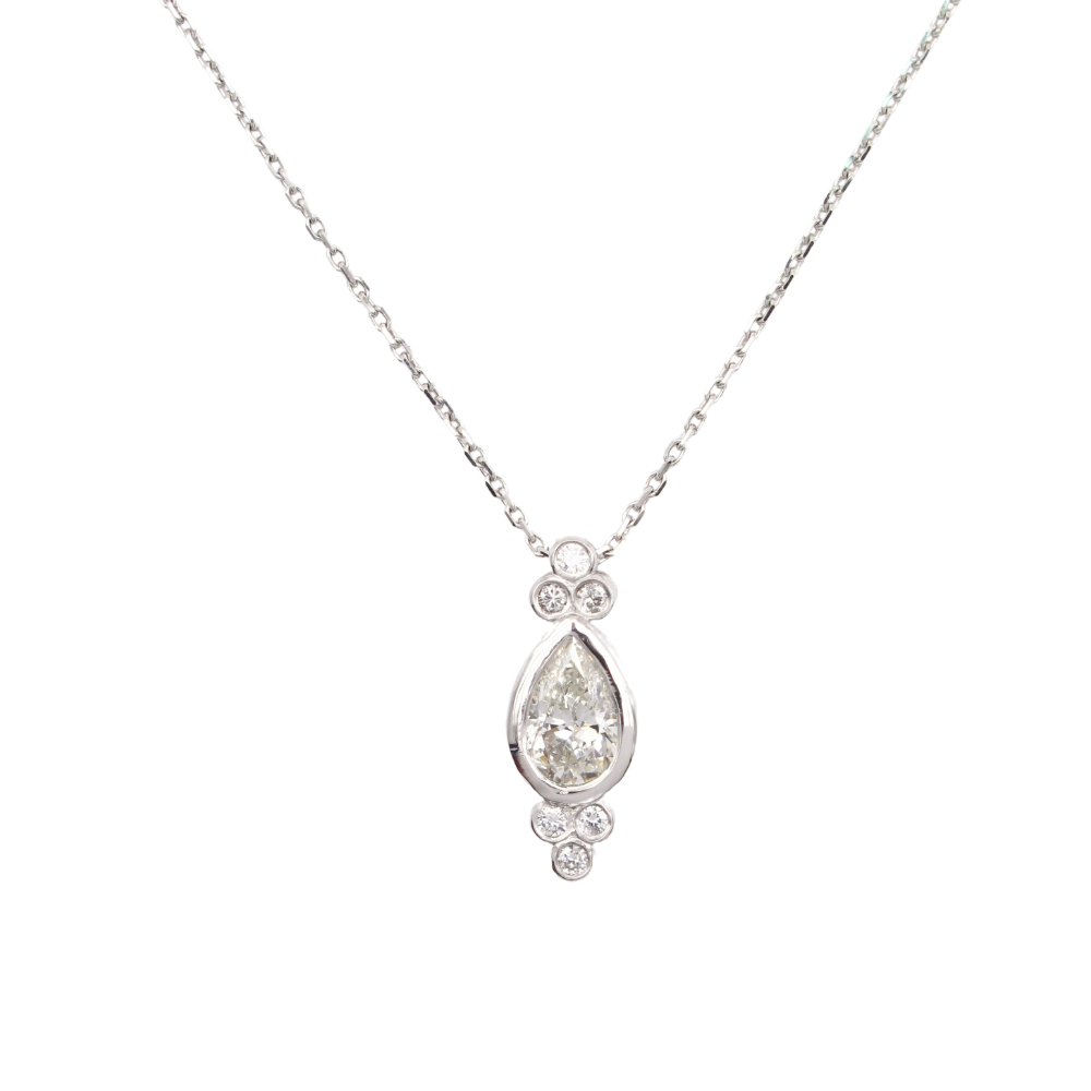 Pear Diamond Bezel Solitaire Pendant Necklace 0.79 ctw 14k White Gold