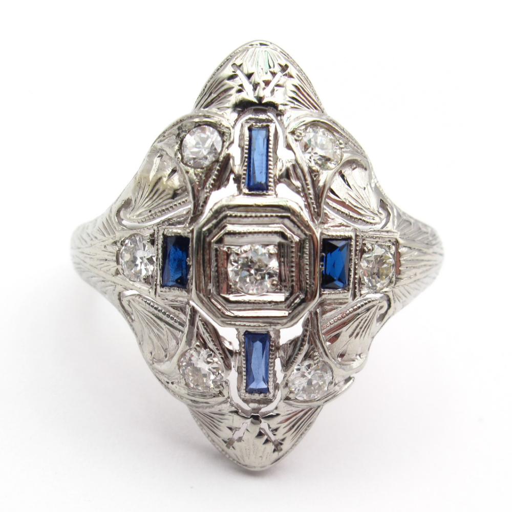 Early 1900’s Edwardian Navette Sapphire & Diamond Ring 14k White Gold