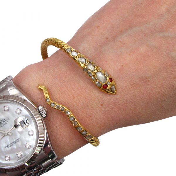 Gold Victorian Snake Bracelet Rose Cut Diamonds Worn