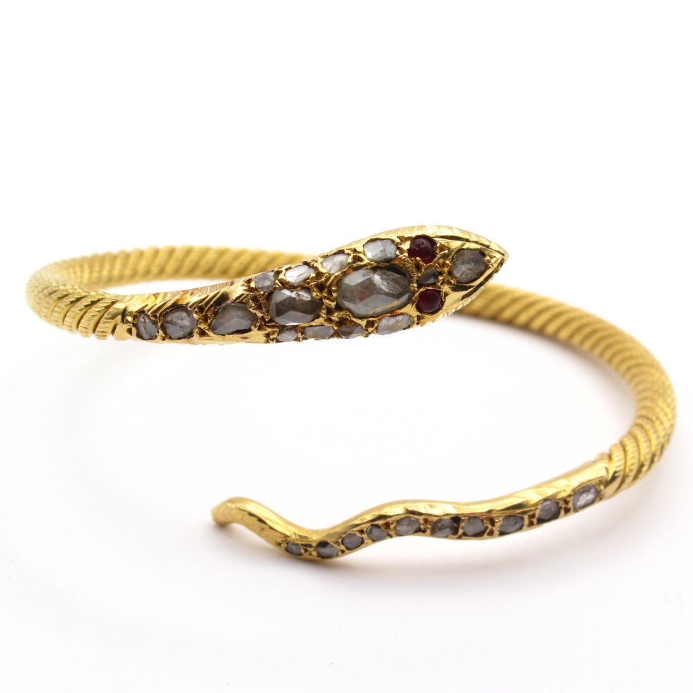 Late 1800’s Victorian Snake Serpentine Bangle Bracelet with Rose Cut Diamonds 18k Yellow Gold