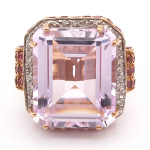 Large Kunzite Halo Pink Gold Ring