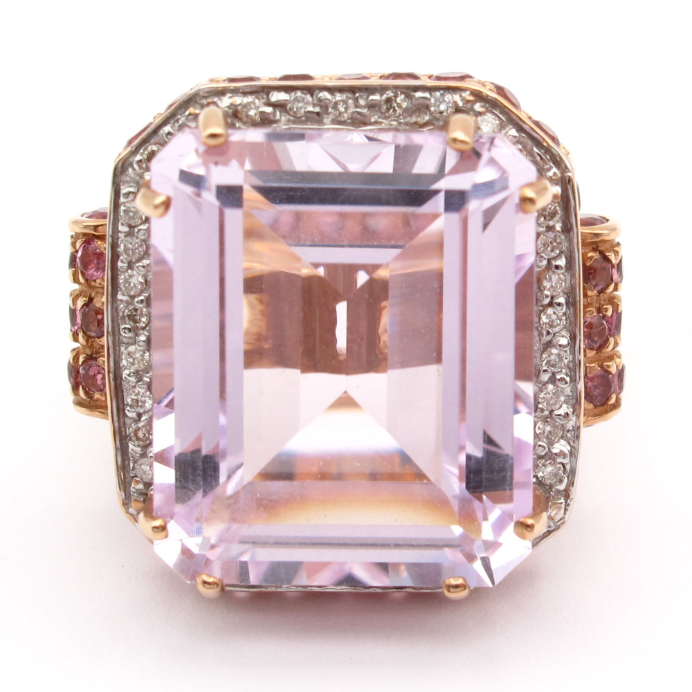 Statement Kunzite Ring with Pink Tourmaline and Diamond Halo 14k Rose Gold