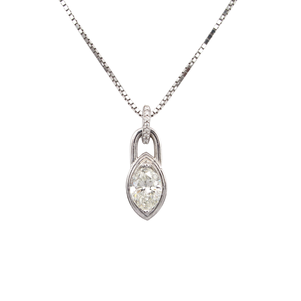 Marquise Diamond Solitaire Padlock Pendant Necklace .79 ctw 14k White Gold