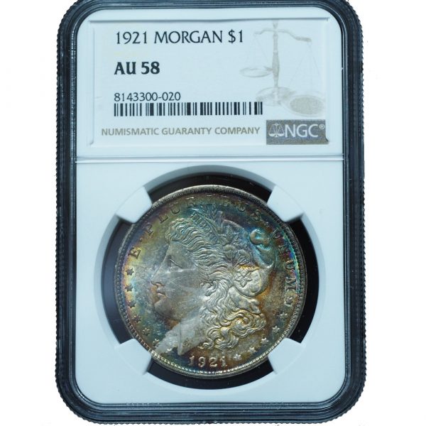1921 Morgan Dollar AU58 NGC Vibrant Rainbow Toned